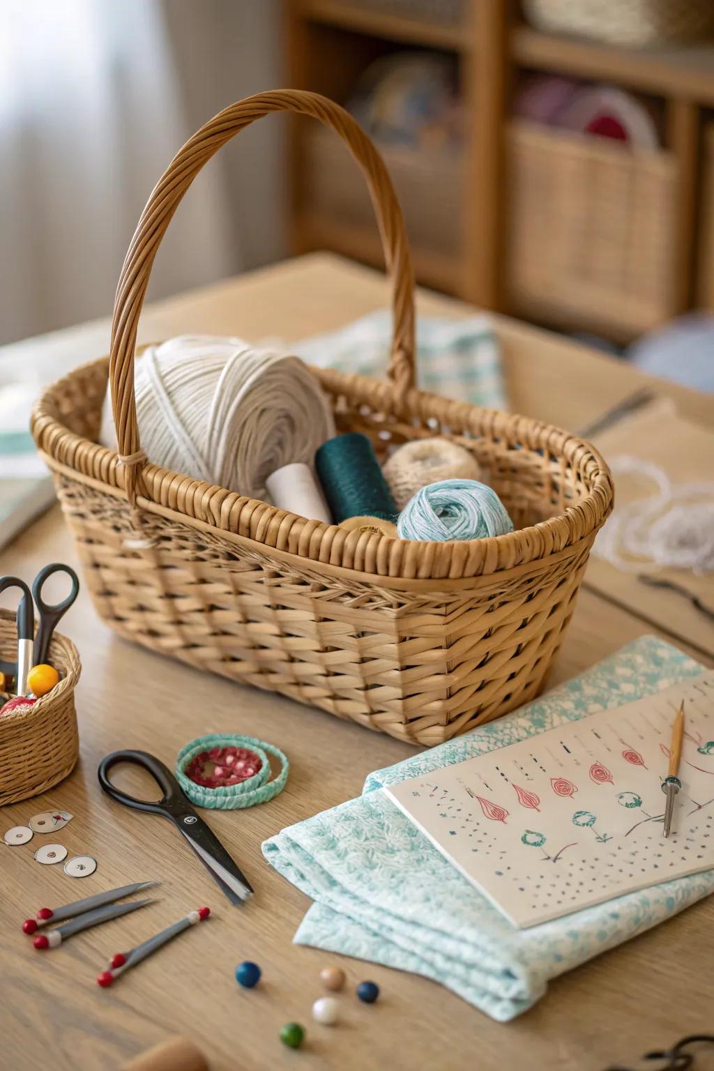 A basket filled with crafting supplies maintains your creative area structured and encourages inspiration.