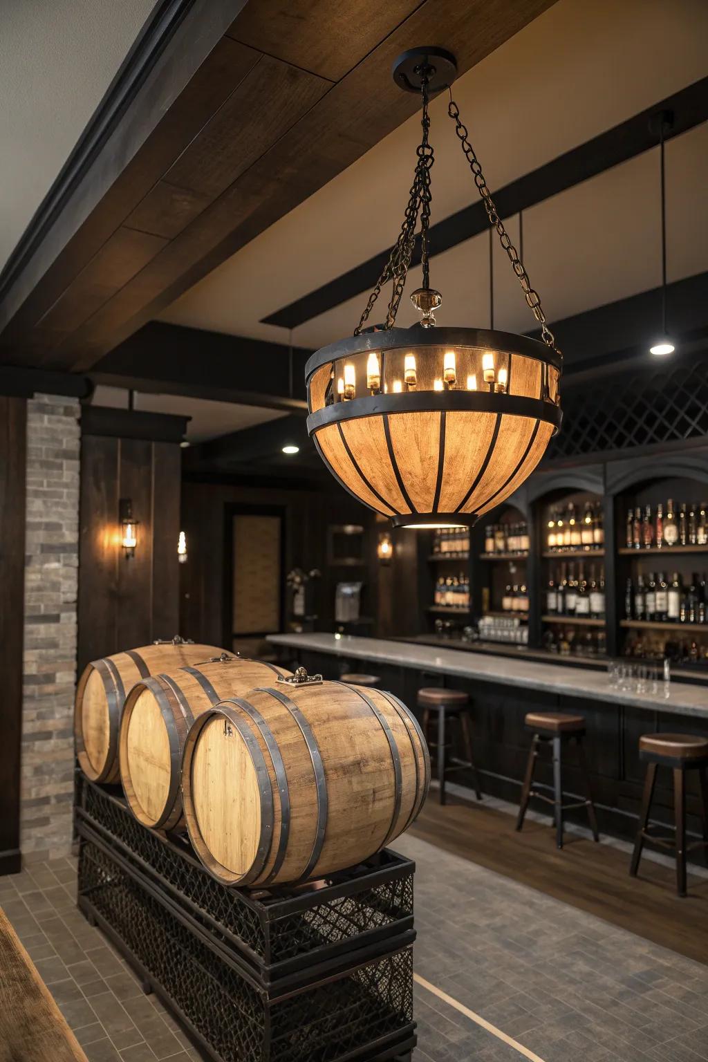 Illuminate your wet bar by showcasing singular cask plank lighting, fostering a snug, inviting atmosphere.