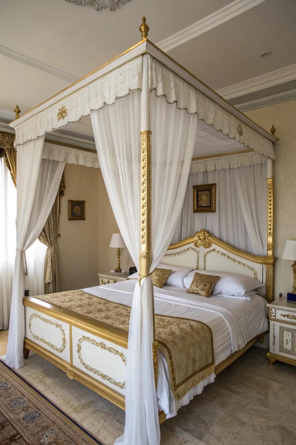 Dramatic sophistication is evoked with a canopy bed.