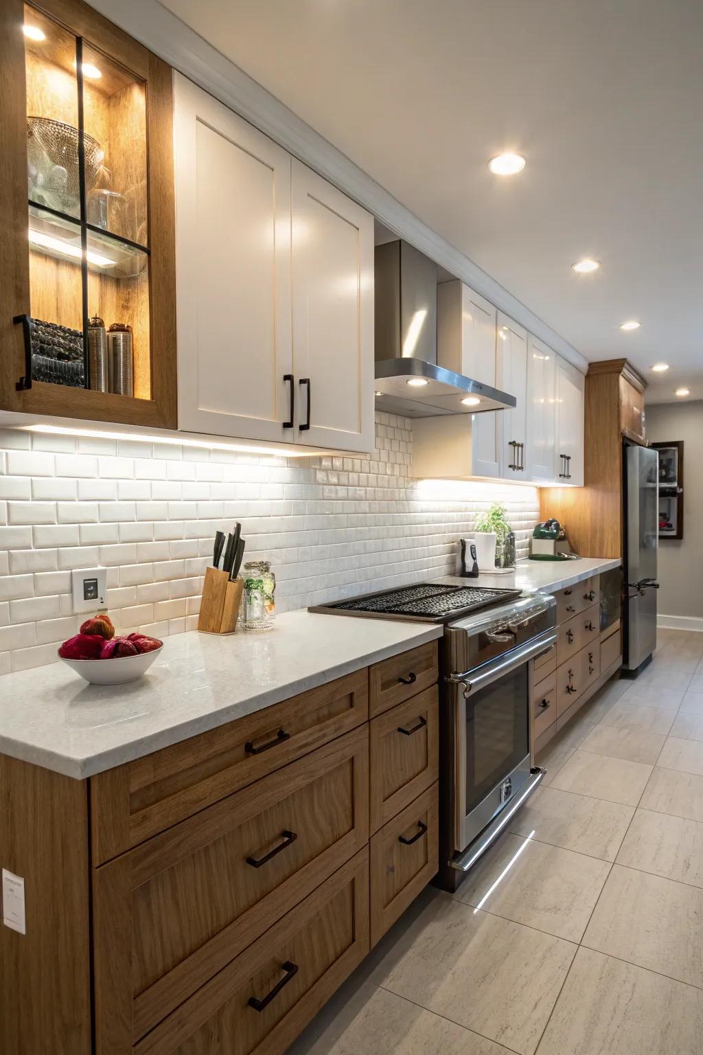 Brilliant lighting enhancing the white backsplash.