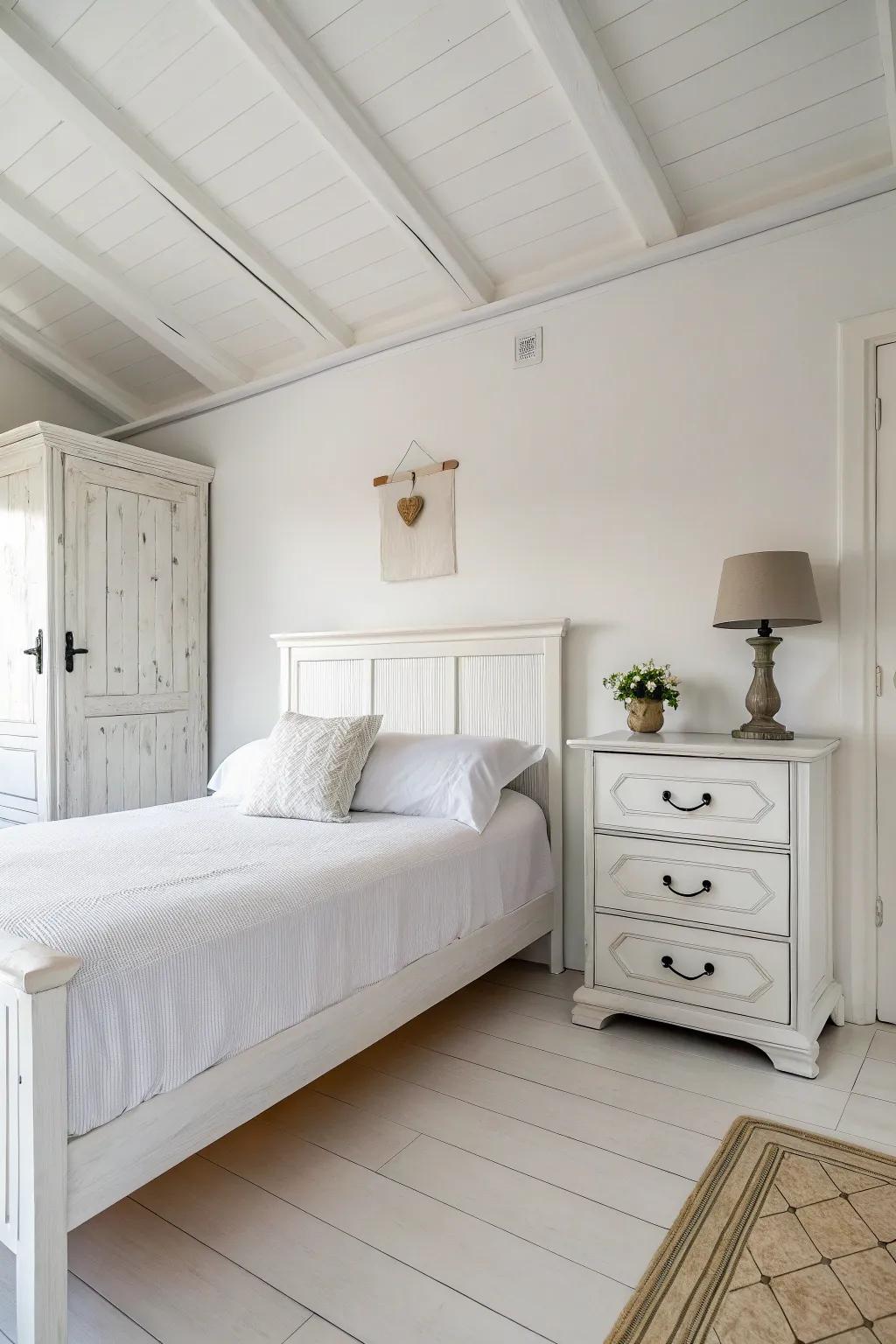 Understated furnishings preserve a fresh visual in a white bedroom.