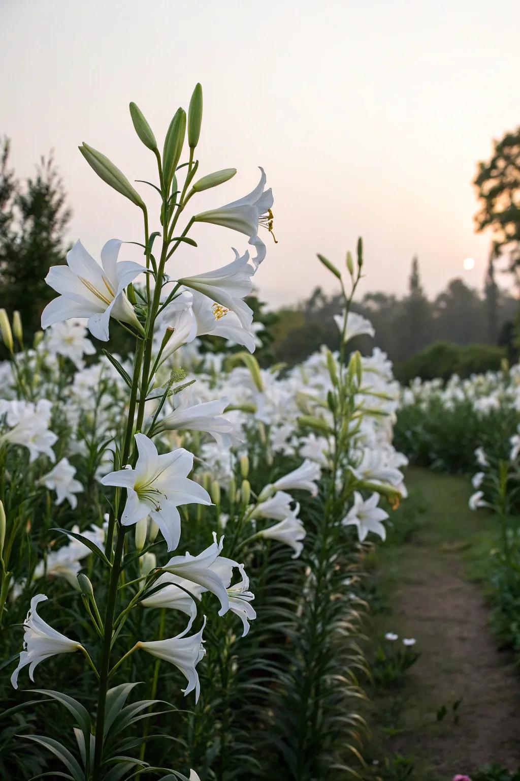 White lilies infuse the garden with dramatic elegance through their striking blossoms.