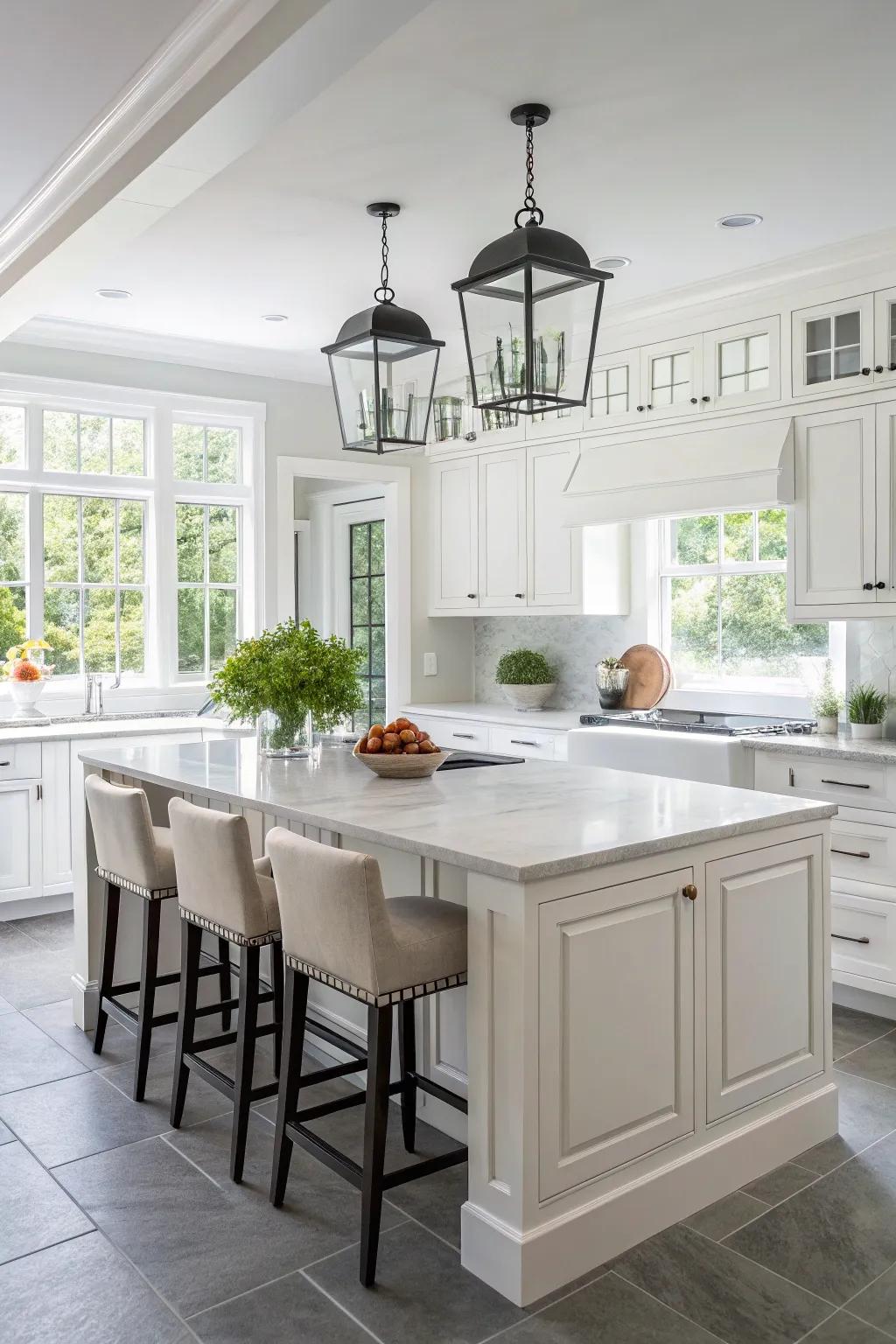 A central island featuring high seating creates a sociable space in the kitchen.