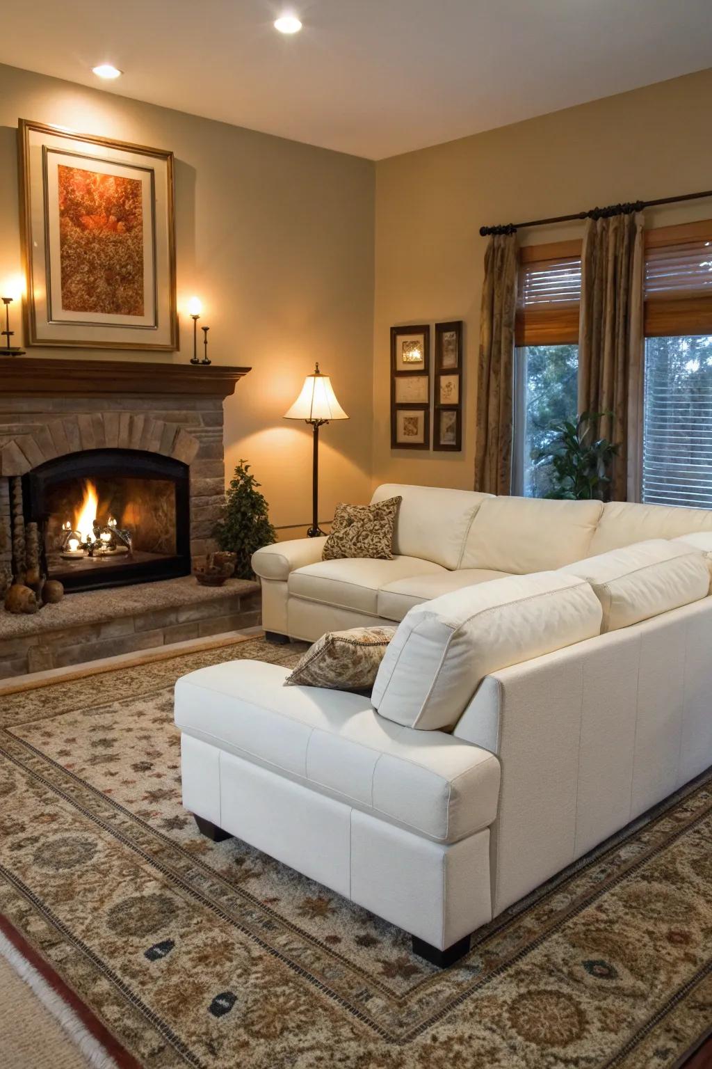 A snug hearth enhances the warmth of a living room featuring a white sectional.