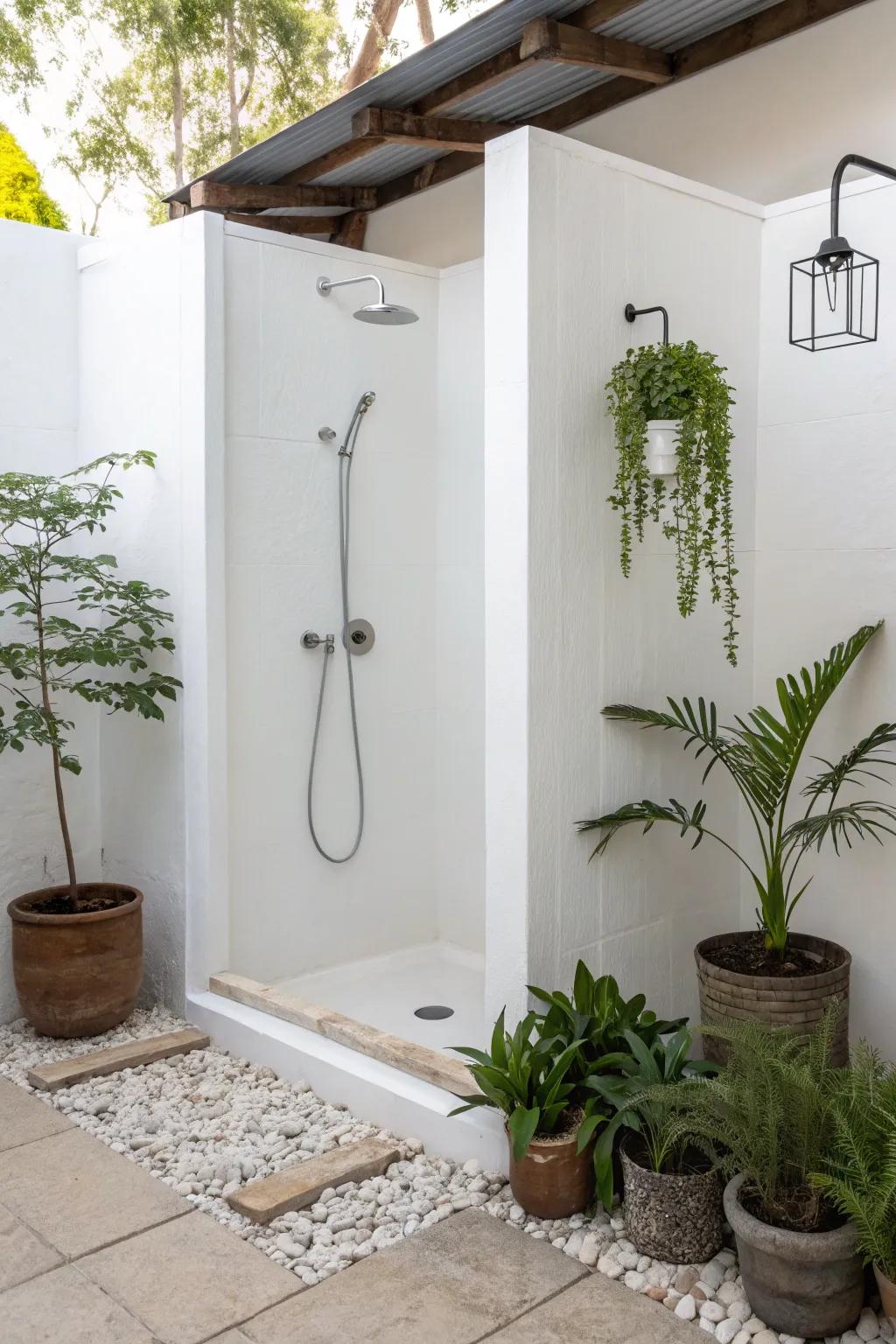 Minimalist d&eacute;cor and small plants in a white shower.