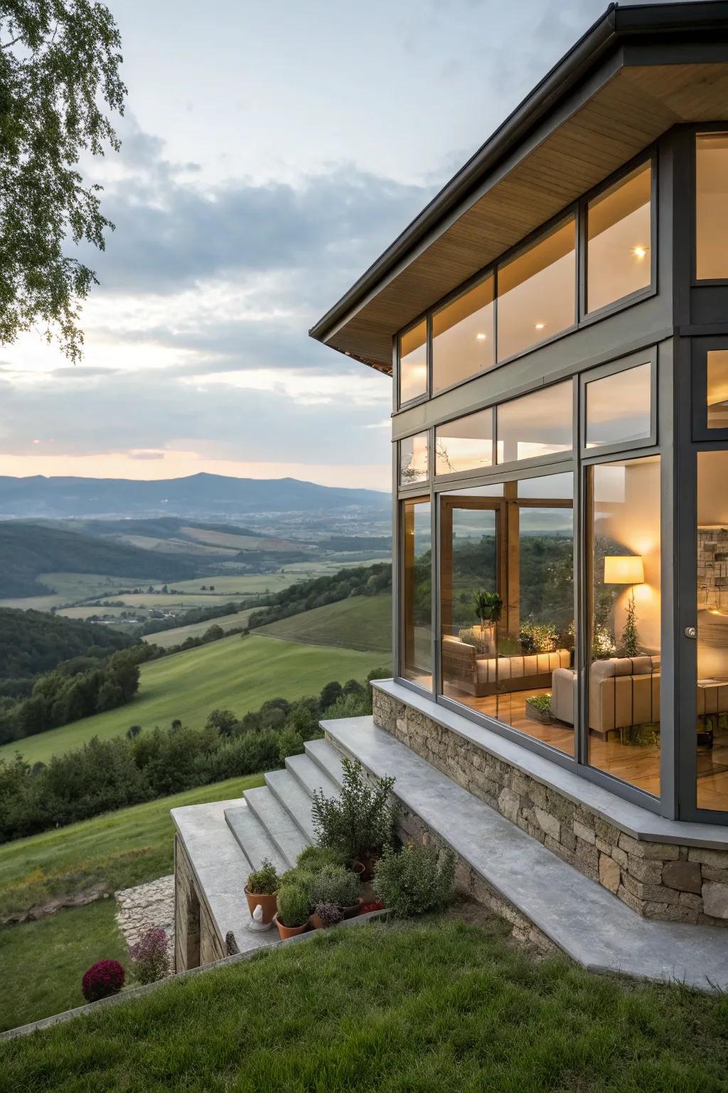 Corner windows provide breathtaking panoramic views.