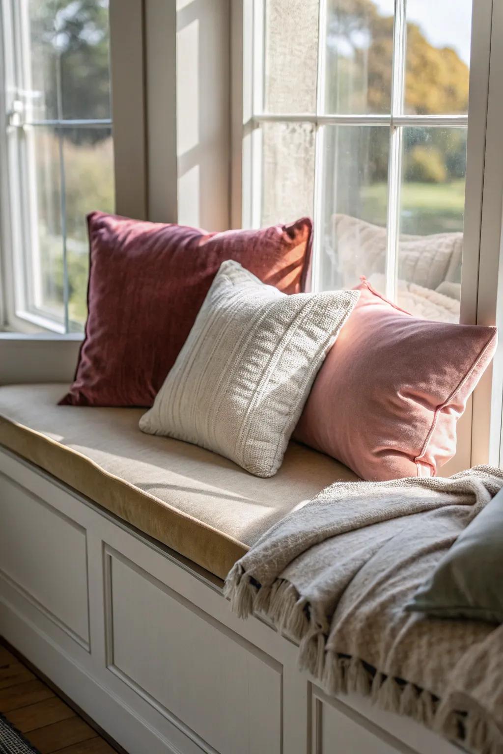 A <strong>window seat</strong> using a lavish mixture of material finishes for added relaxation and design.&rdquo; loading=&rdquo;lazy&rdquo; class=&rdquo;pimg&rdquo;>
	</picture><figcaption>A <strong>window seat</strong> using a lavish mixture of material finishes for added relaxation and design.</figcaption></figure>
<p>Experiment using different material textures to add depth to any <strong>window seat</strong>. Within my experience, blending cotton, velvet, and linen produces an abundant sensory experience.</p>
<h3>You might give these a try:</h3>
<ul class=