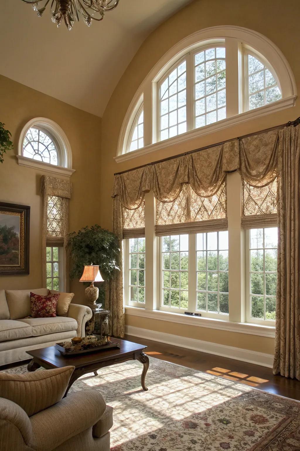 Specialty treatments highlight the unique shape of casement windows.