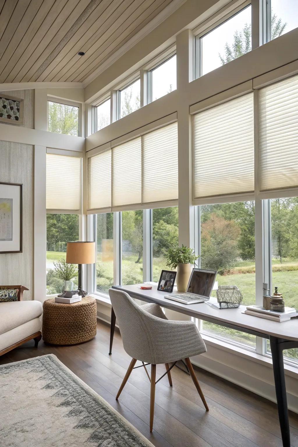 Porous shades deliver power conservation using a modern aesthetic.