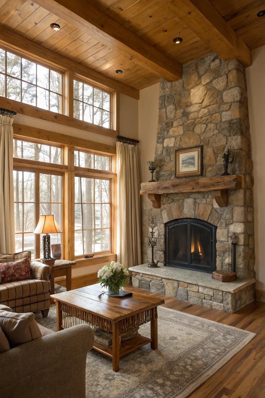 Timeless timber trim enhances country charm in a living space.
