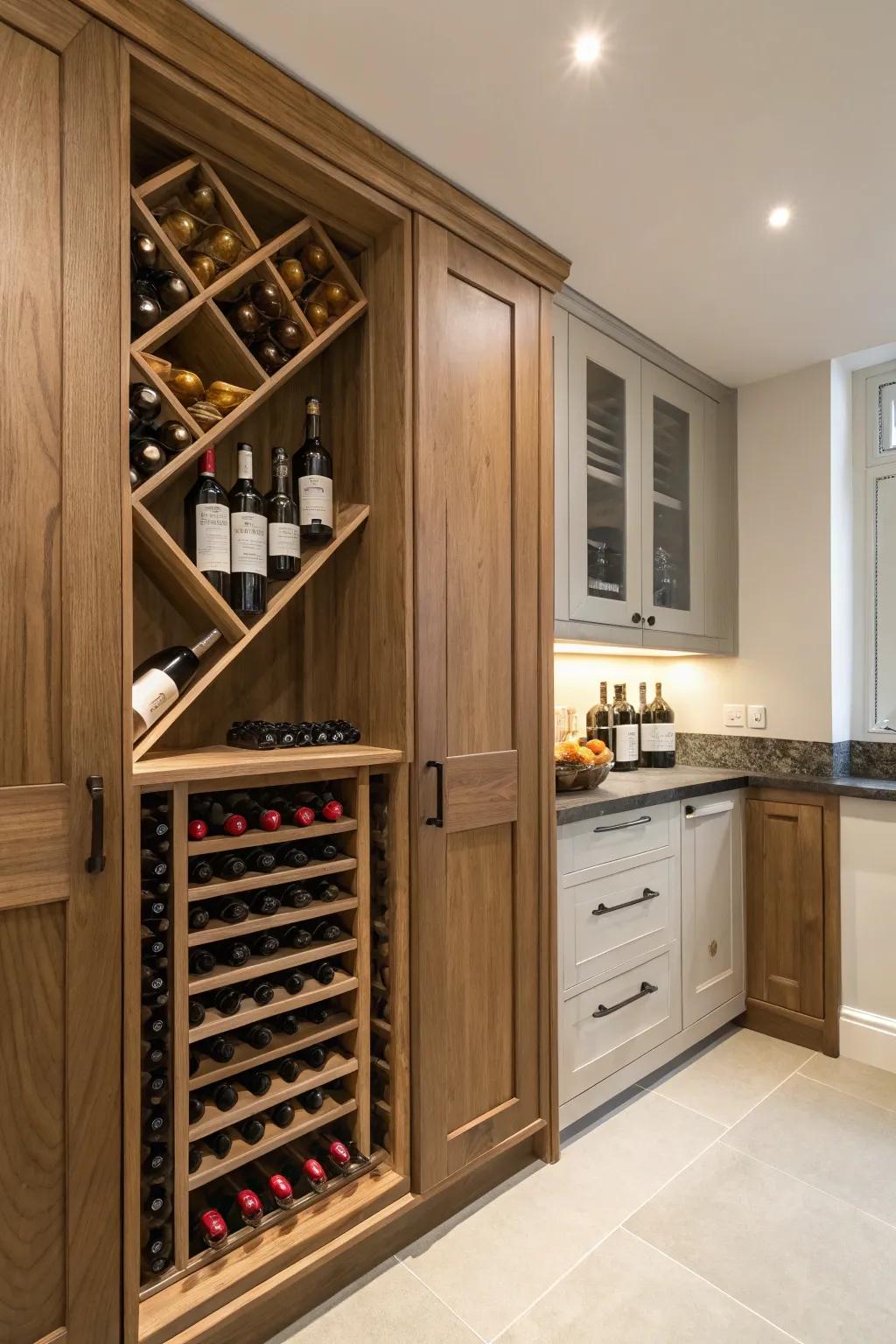 A hidden pantry delightfully transformed into wine storage.