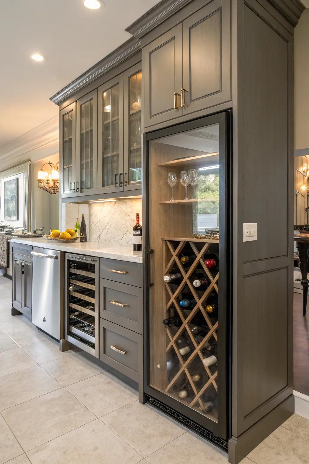 Personalized cabinetry harmonizes wine storage with kitchen aesthetics.