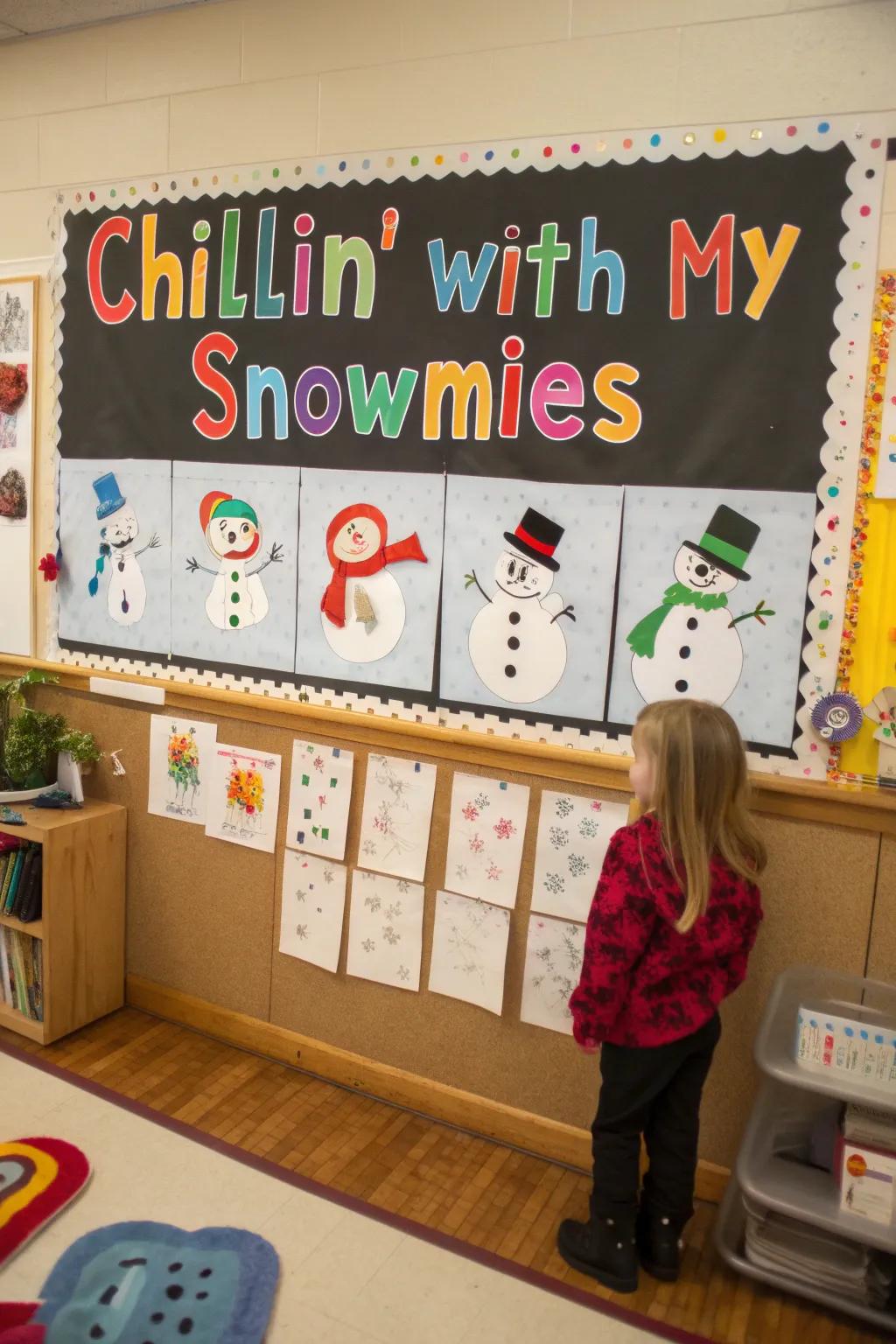 Snowmen and student artistry coalesce to form a playful 'snow buddies' tableau.