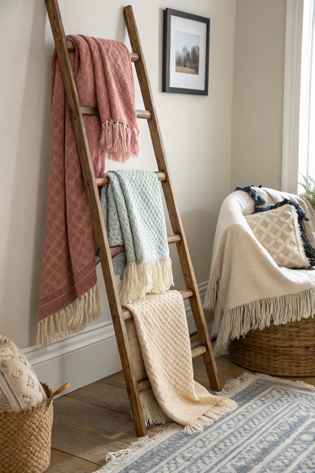 A cozy fabric ladder display invites warmth into the living area.