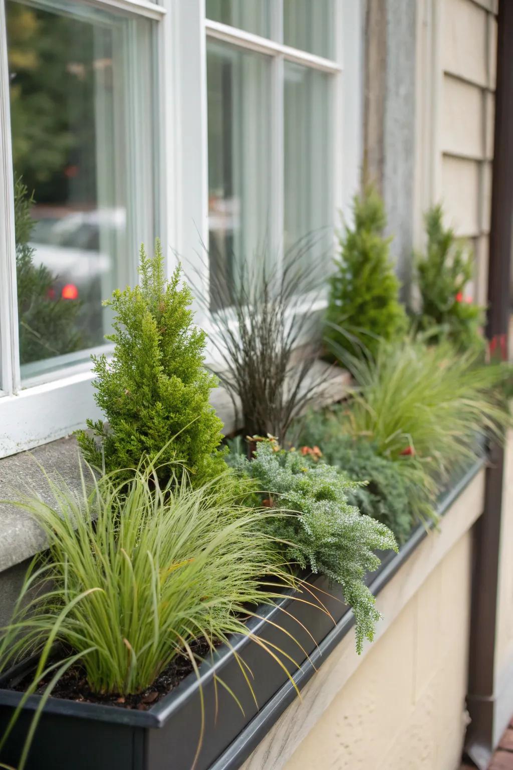 Carex grasses bring texture and movement to this winter window box.