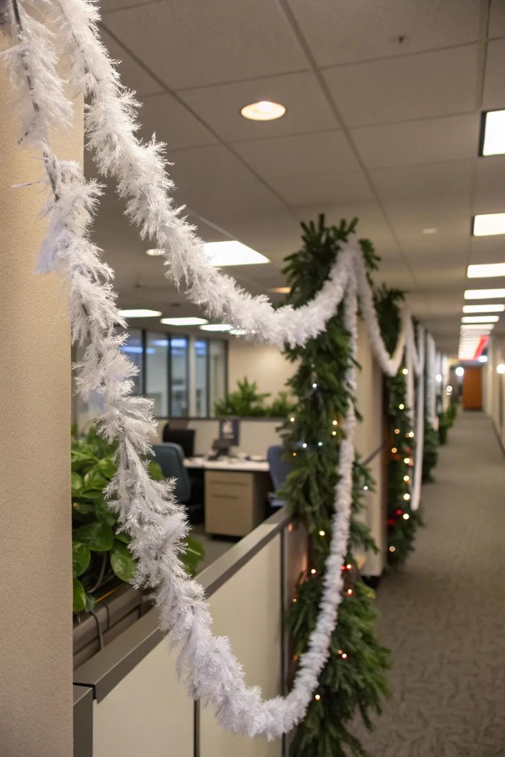A do-it-yourself simulated snow festoon appends an inventive snowy nuance to your office.