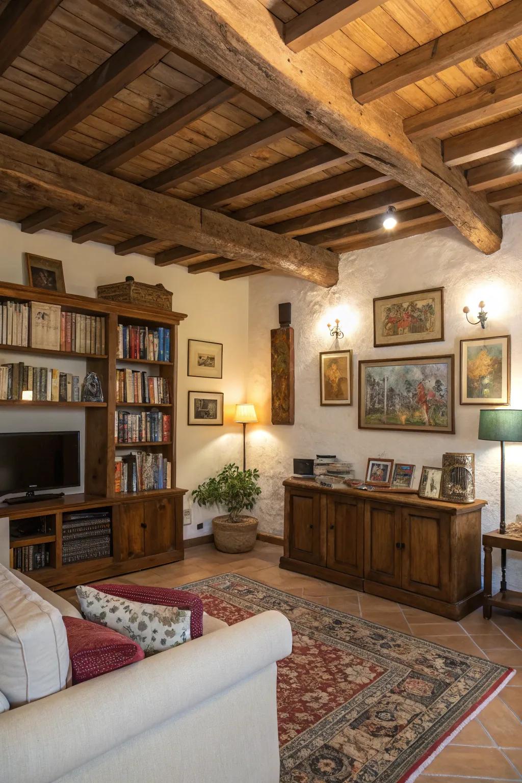 A personalized living area showcasing art and shelving beneath wooden beams.