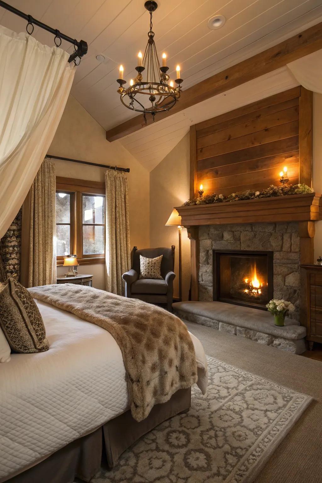 Construct a cozy boudoir getaway with a fireplace.