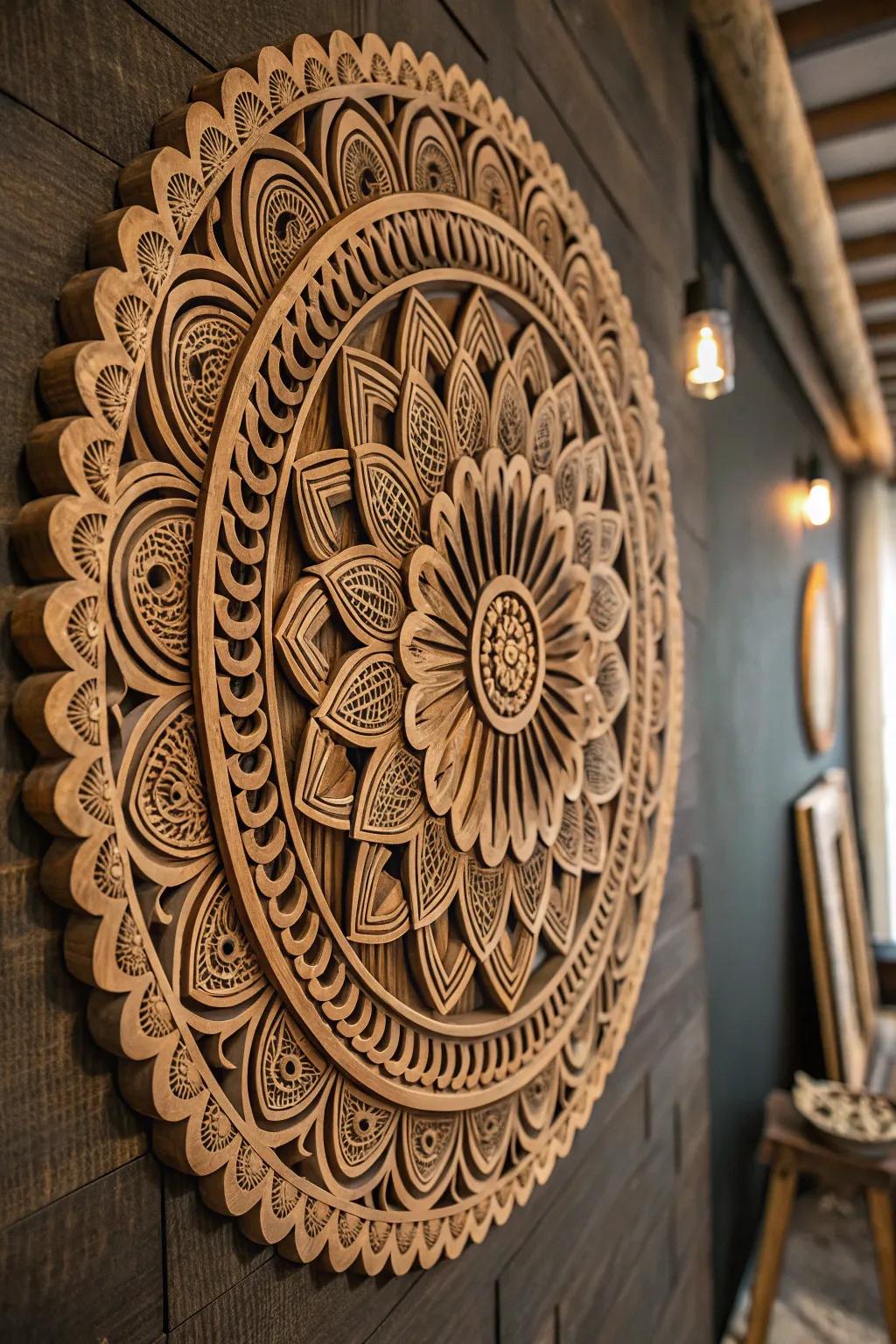 Elevate your space with the mesmerizing allure of intricate wooden wall art.