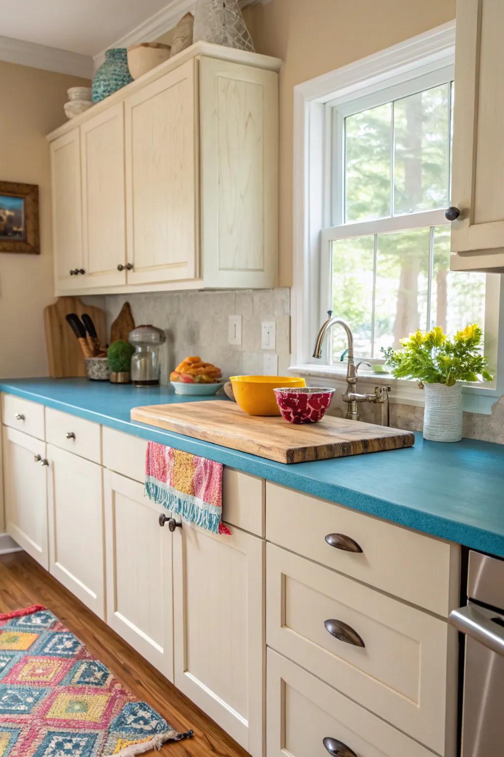 A bold color burst on timber counters for an energetic cooking area aesthetic.
