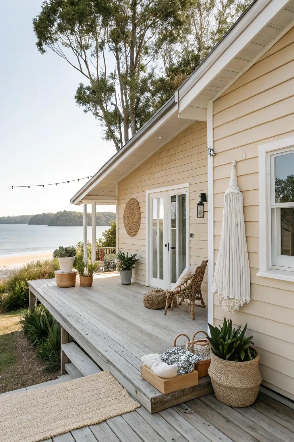 A whitewashed deck provides a refreshing and bright contrast to a tan house.
