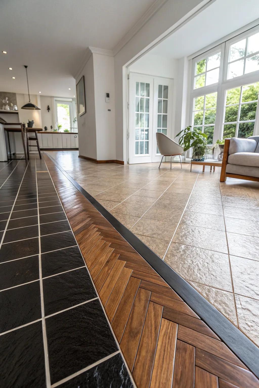 A modern interior displays a bold perpendicular transition between tile and wood flooring.