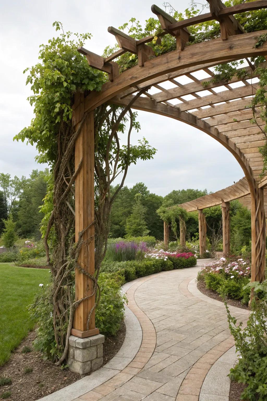 An elegant arched pergola with natural charm.