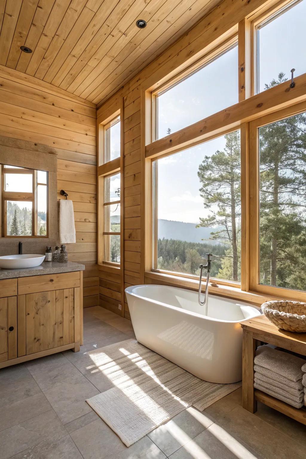 Sunlight spotlights the beauty of wood walls in this bathroom.