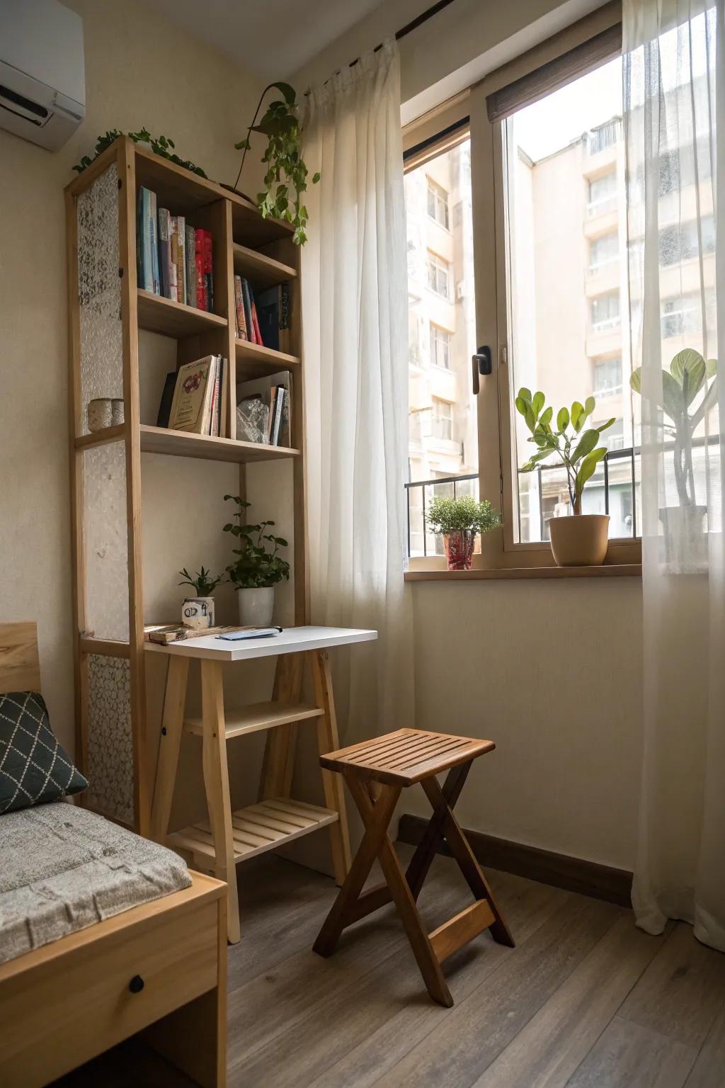 A space-saving wood stool is perfect for small living areas.