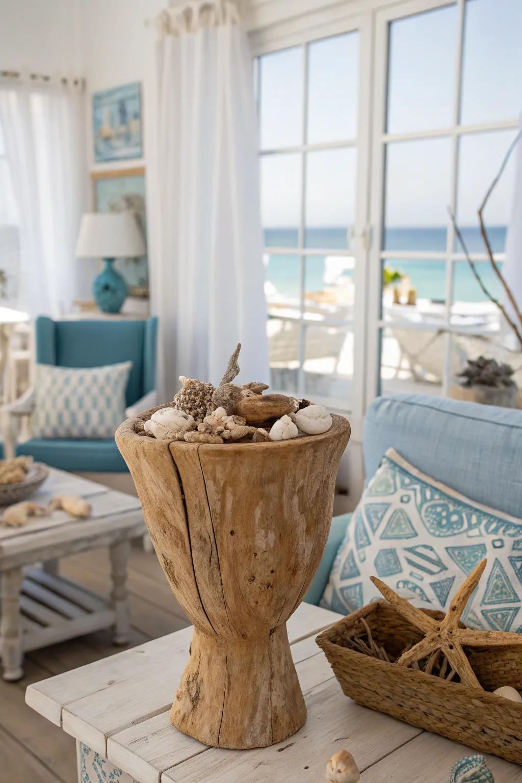 Infuse coastal enchantment through driftwood-decorated timber vessels.