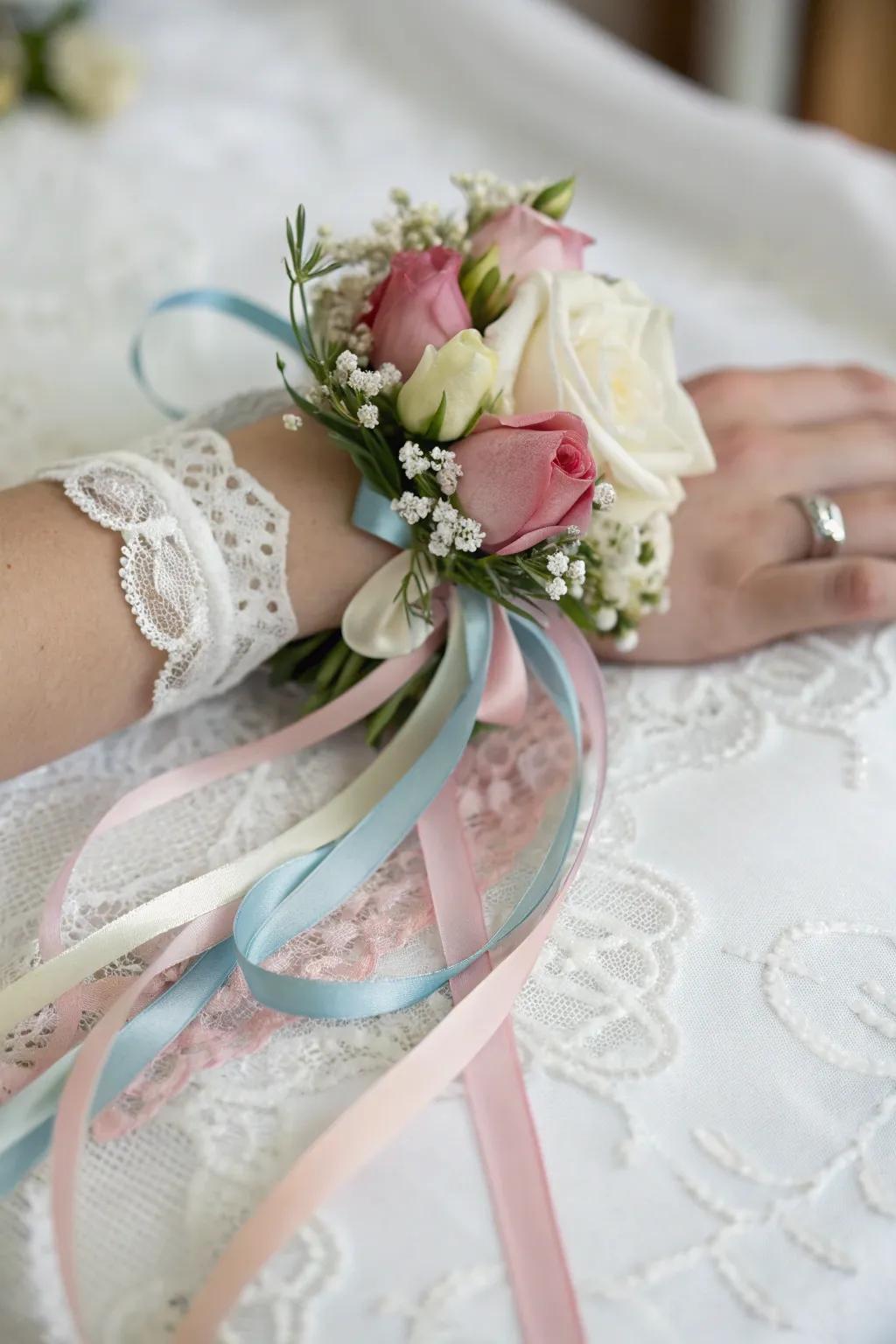 Playful wrist adornment featuring whimsical ribbon streamers.