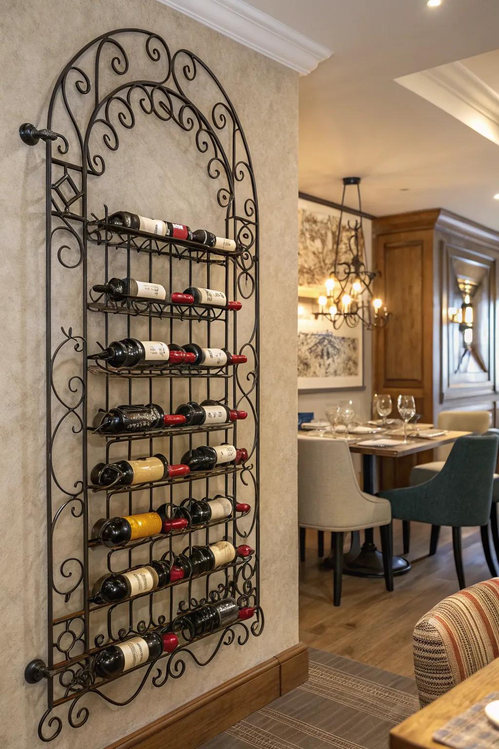 A forged iron wine rack elegantly displays your love for wine.