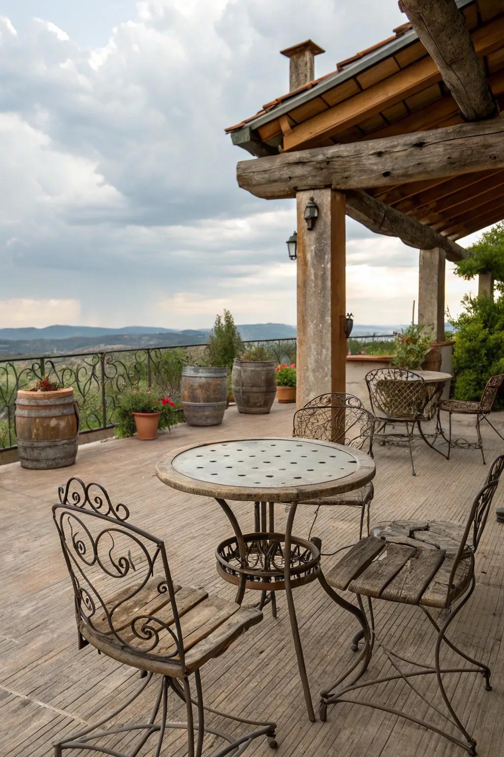 Cultivate a peaceful escape with rustic wrought iron and wood components.