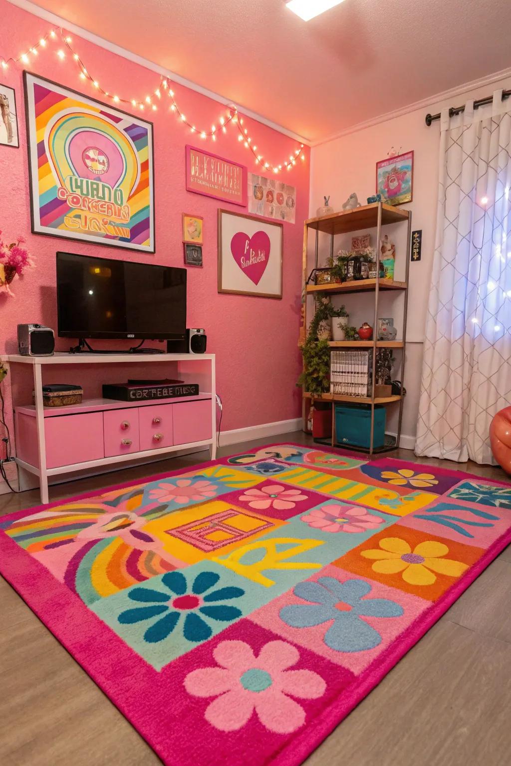 A vibrant floor covering injects warmth and style into any Y2K room.