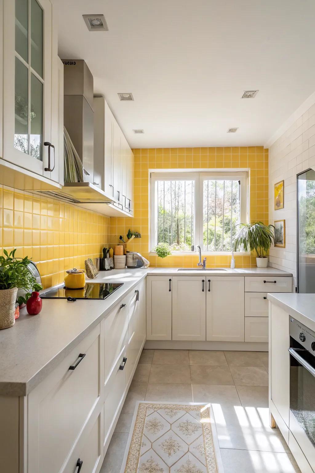 Sunlight enhances the brightness of the goldenrod backsplash.