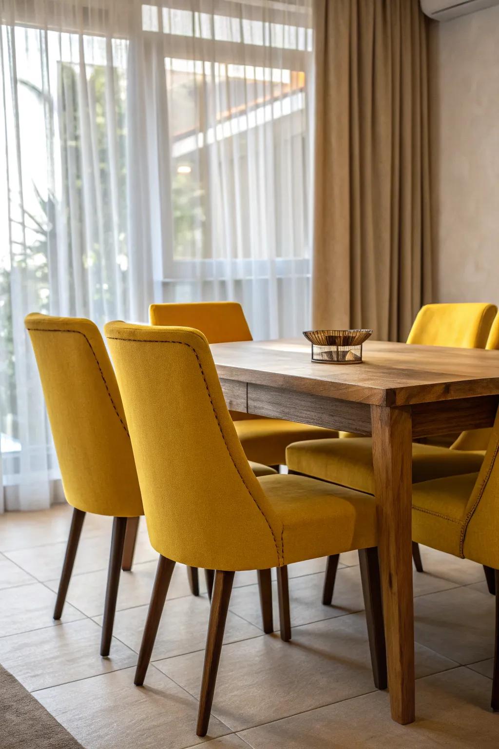 A bold dining room featuring yellow seating.