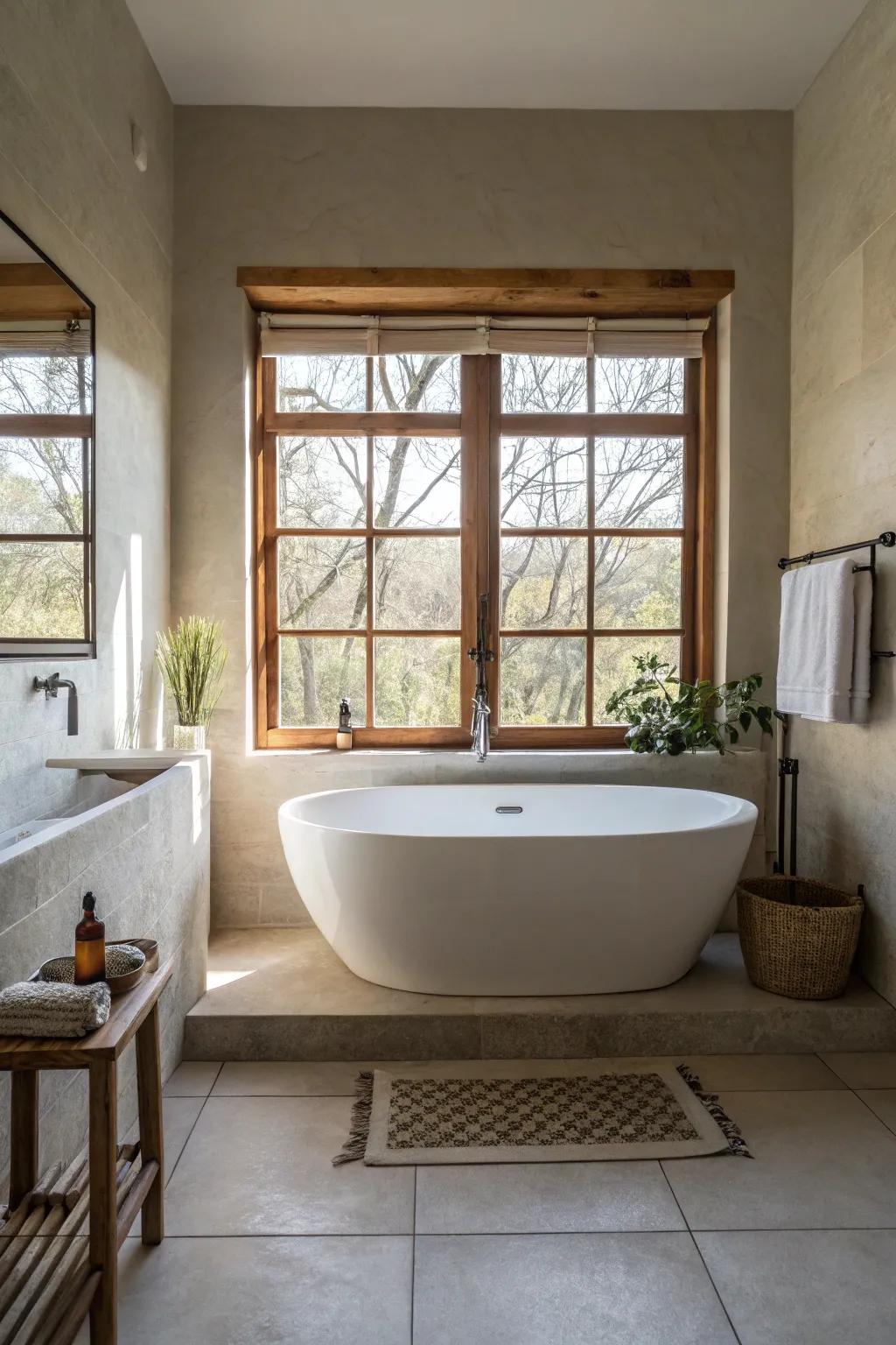 A centerpiece bath is a lavish point of interest in a zen restroom.