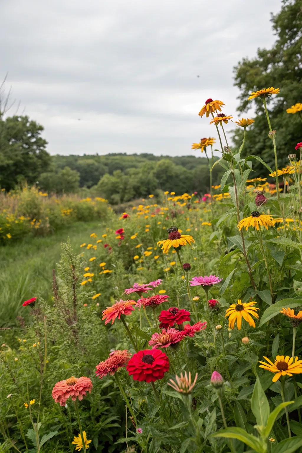 A whimsical wild bloom garden, showcasing Glowblooms intermingled with companion flowers.