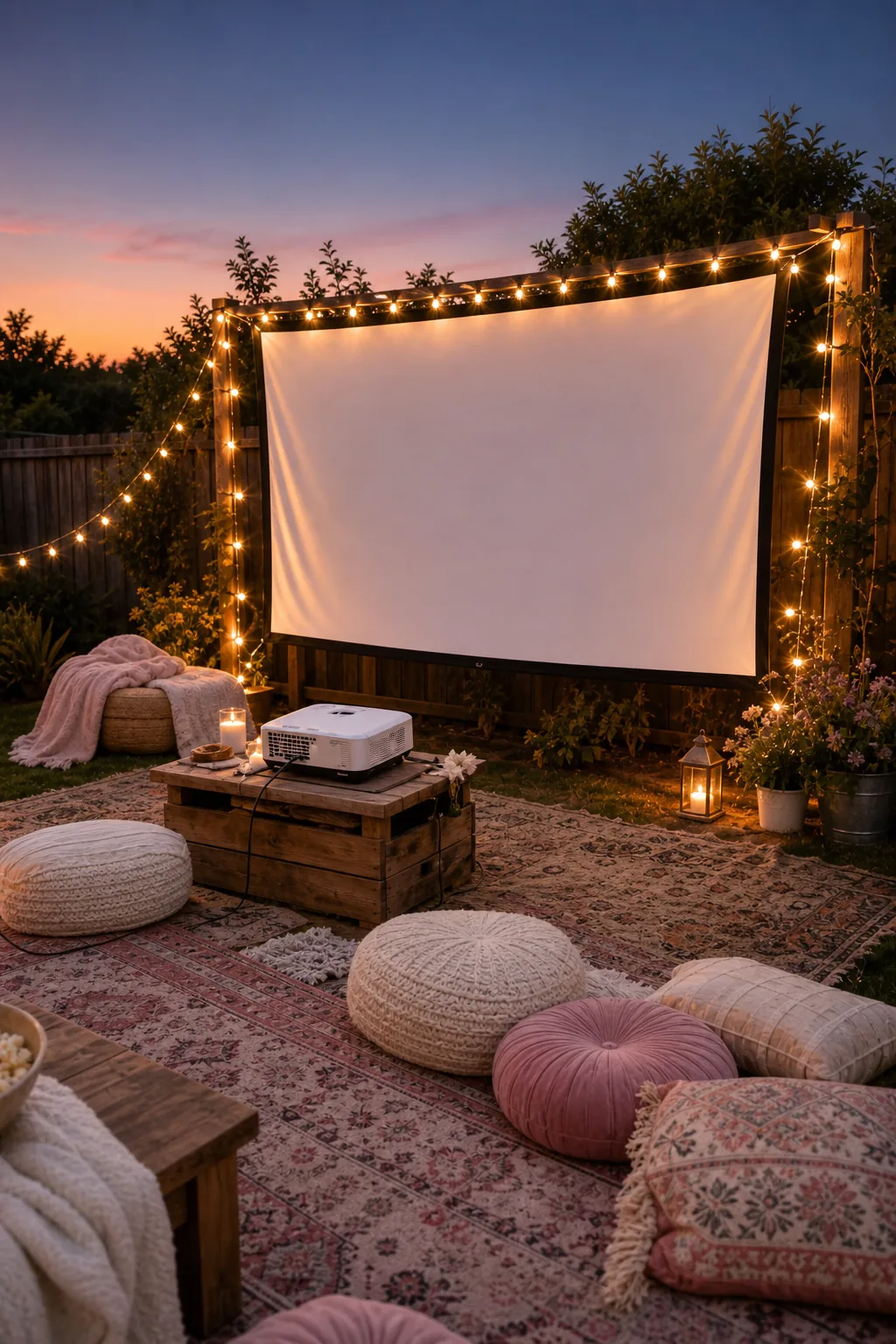White projector screen illuminated by warm string lights in a backyard at dusk.