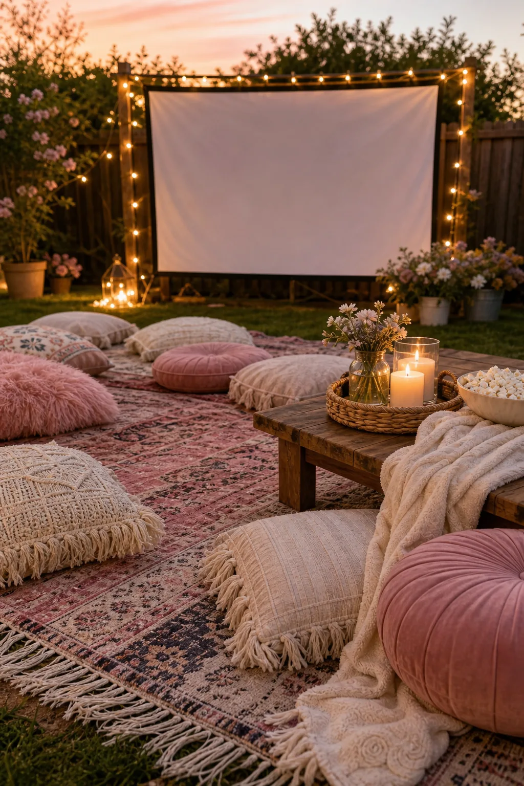 Layered vintage rugs and plush pink and cream floor cushions on the grass.