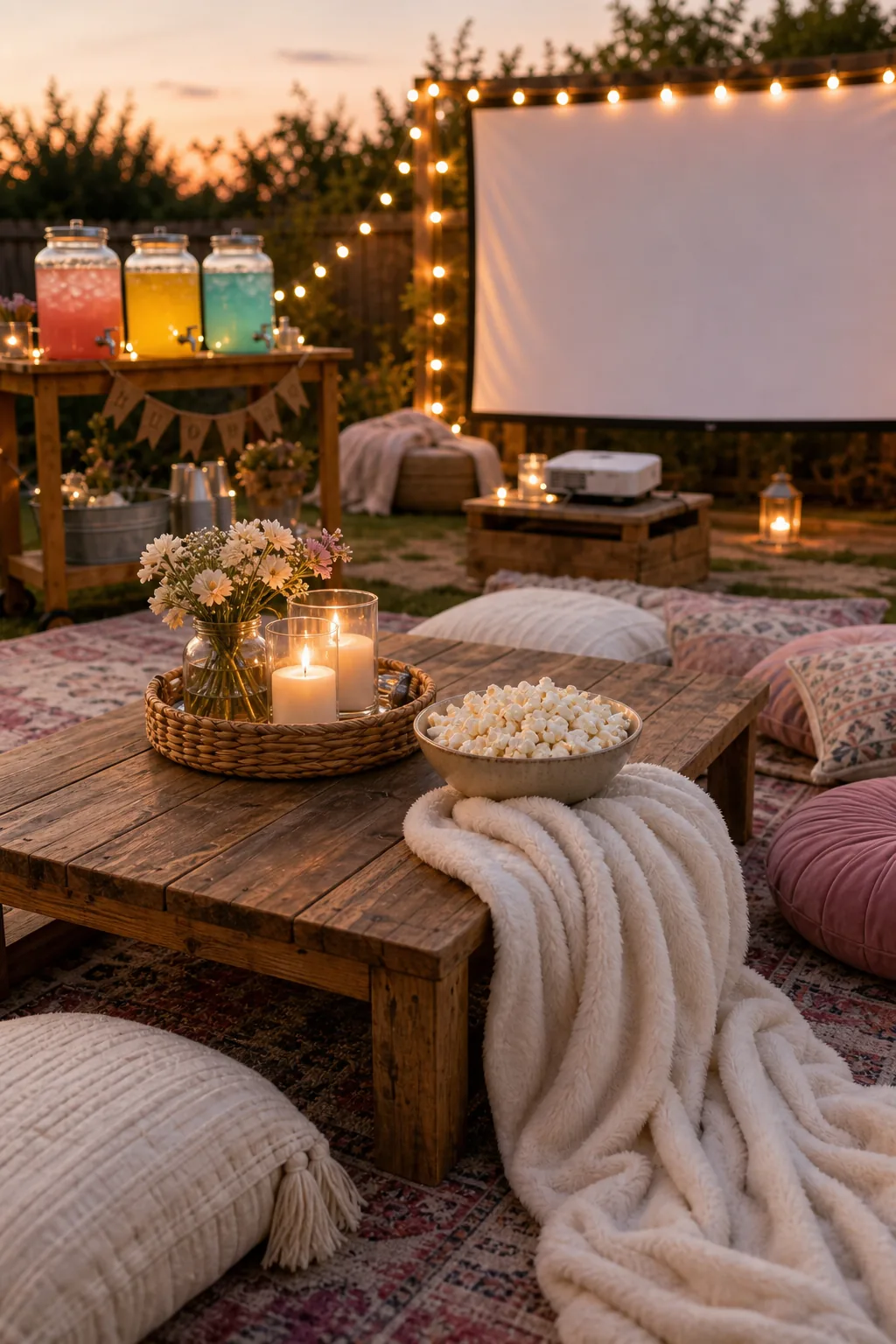 Low wooden table topped with a woven tray, candles, and a bowl of popcorn.