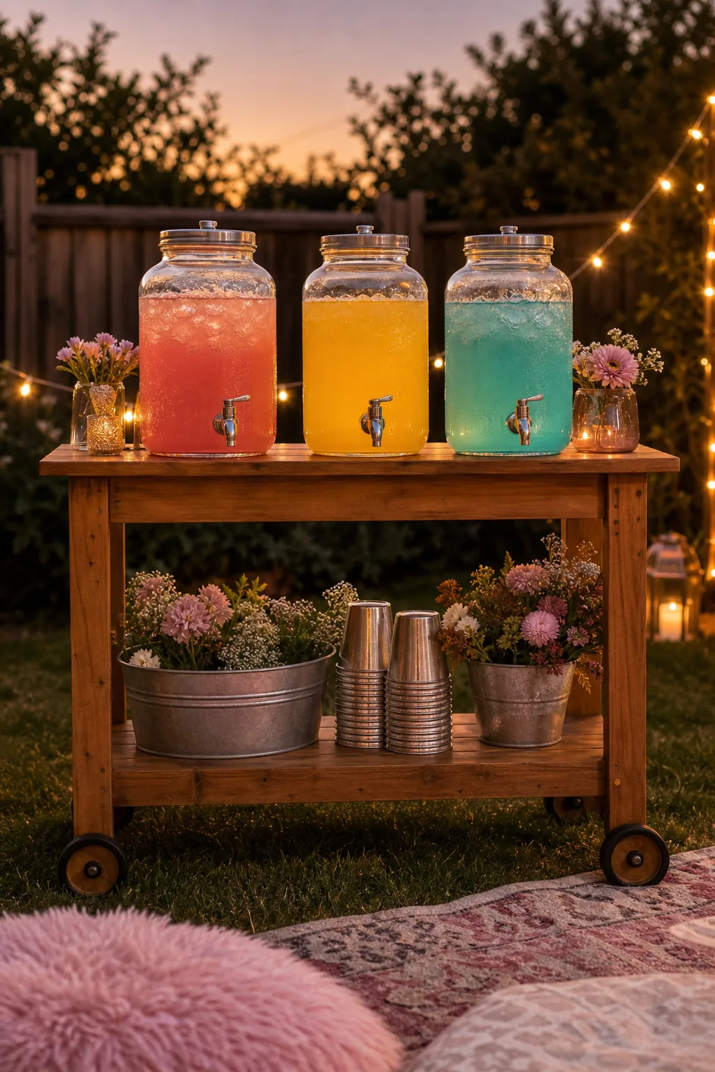 Wooden cart holding three glass dispensers filled with colorful pink, yellow, and blue drinks.