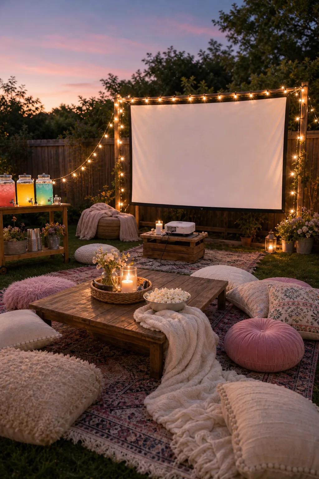 Blank projector screen set up in a backyard with lounge seating in the foreground.
