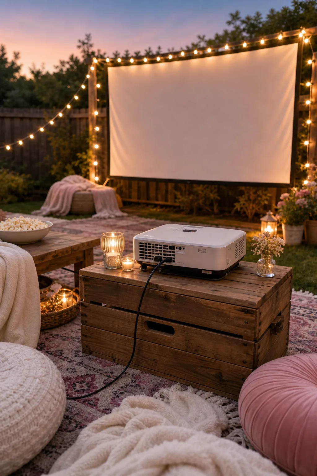 Digital projector sitting on a wooden crate behind a low picnic table.