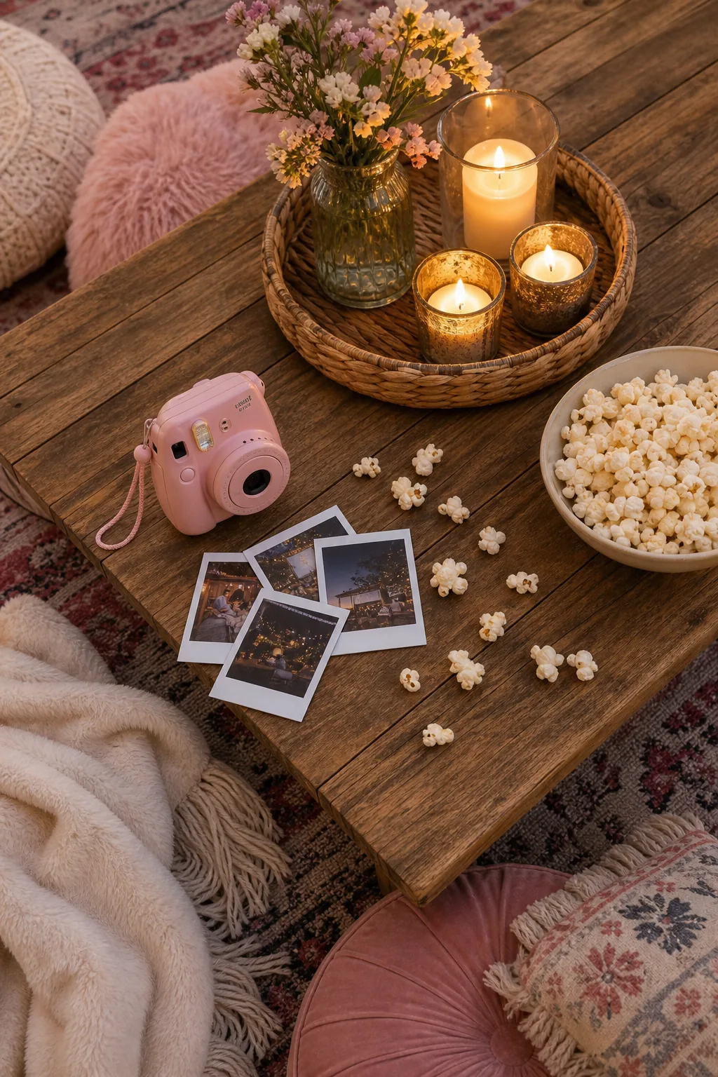 Pink instant camera and scattered Polaroid photos on a wooden table.