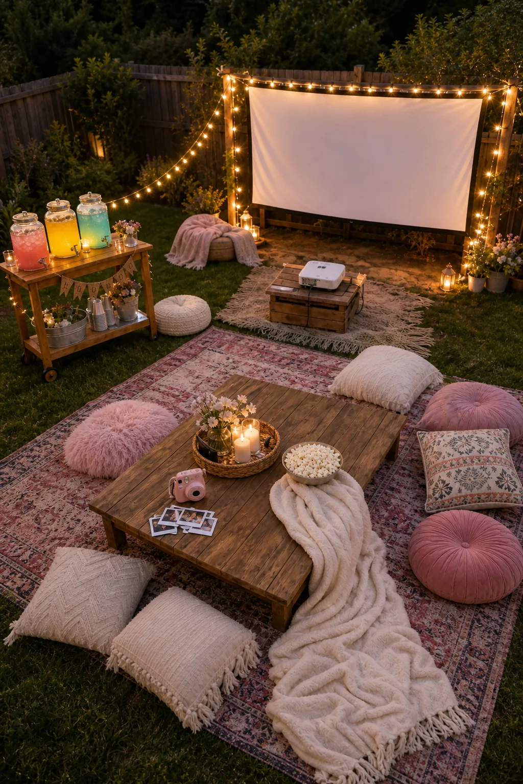 Overhead view of a fully decorated backyard movie party at dusk.