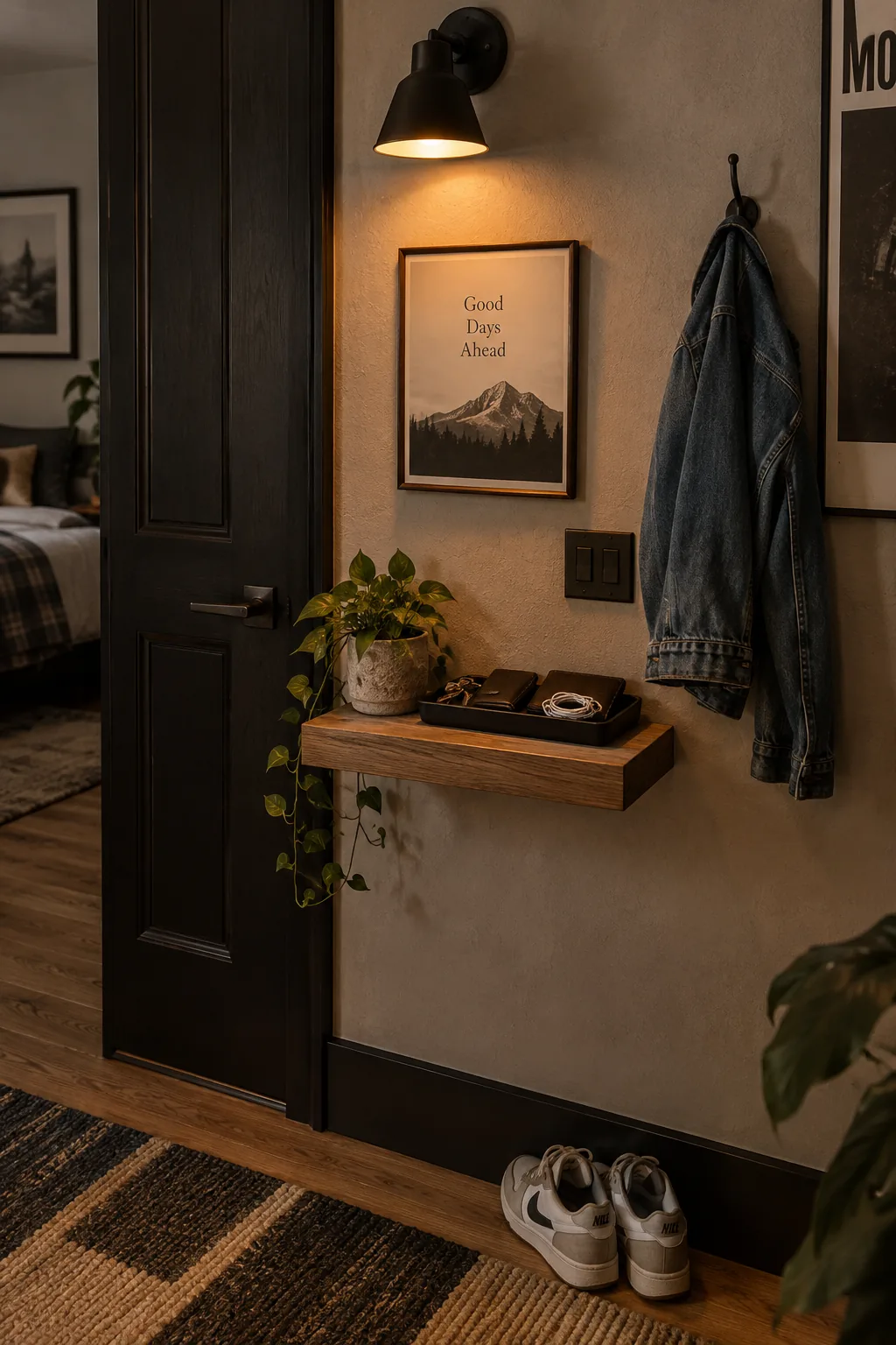 A leather catch-all tray sitting on a floating wood shelf holding keys and a wallet near a bedroom door.