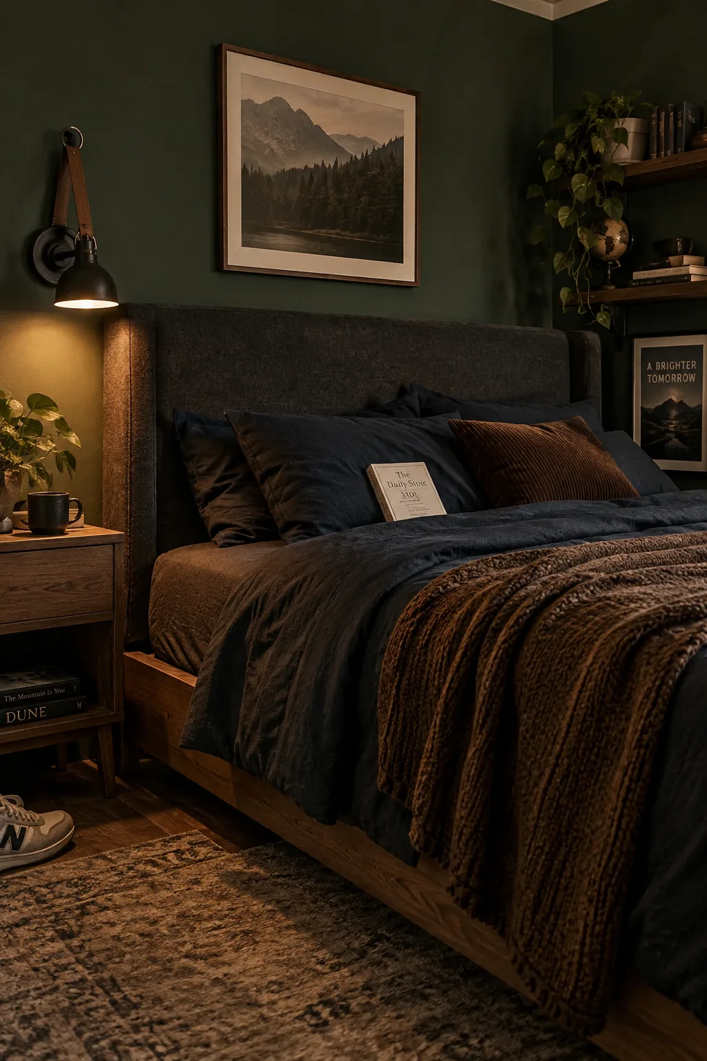 A modern queen-size bed with a dark gray upholstered headboard in a young man's bedroom.