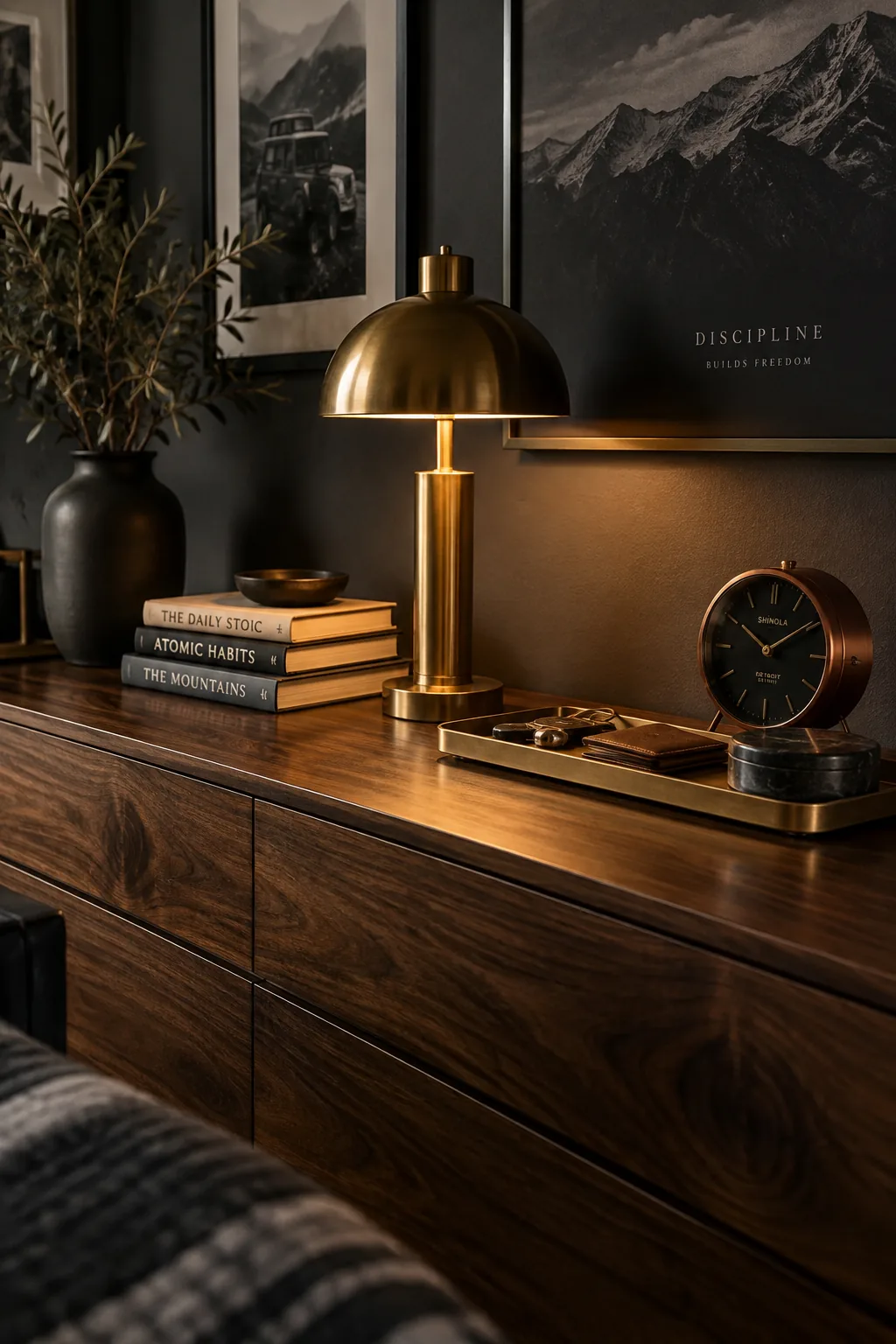 A teenage boy's bedroom featuring a dark charcoal gray accent wall behind a wooden bed frame.
