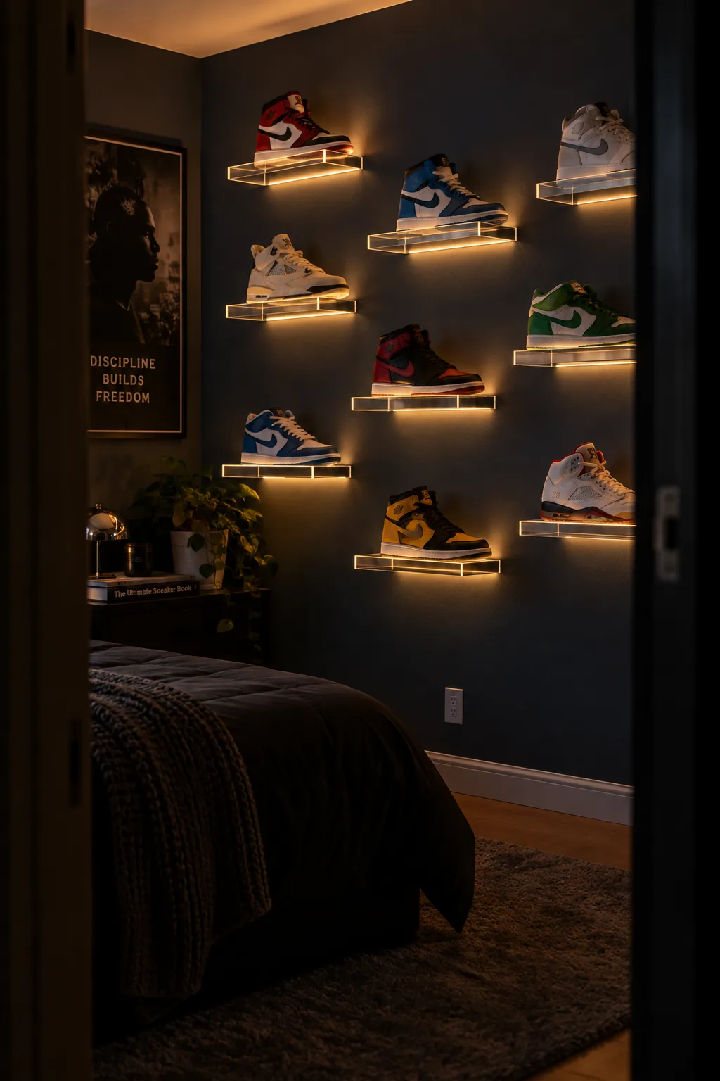 Clear acrylic floating shelves on a white wall displaying a collection of colorful sneakers.